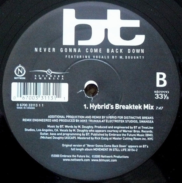 BT Featuring Mike Doughty : Never Gonna Come Back Down (12")