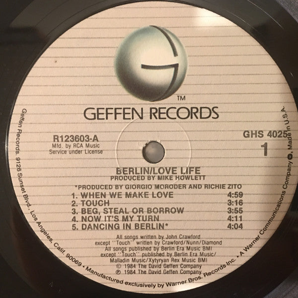 Berlin : Love Life (LP, Album, Club, RCA)